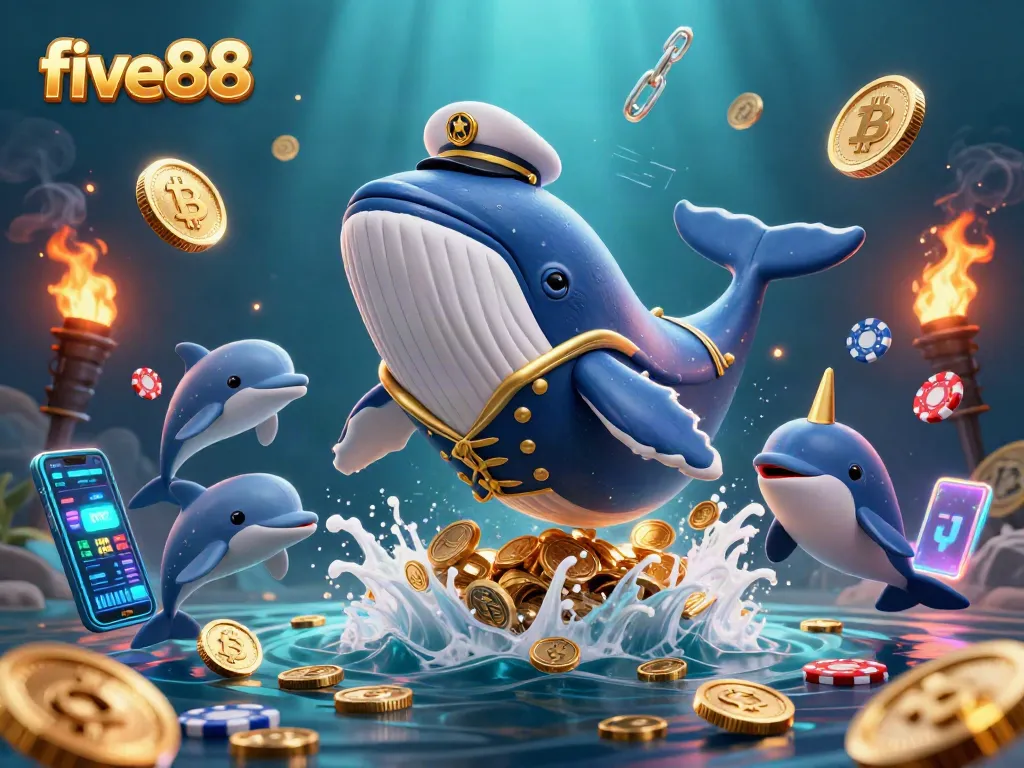 Experience thrilling gaming adventures with five88 in this vibrant 3D illustration featuring lively sea creatures.
