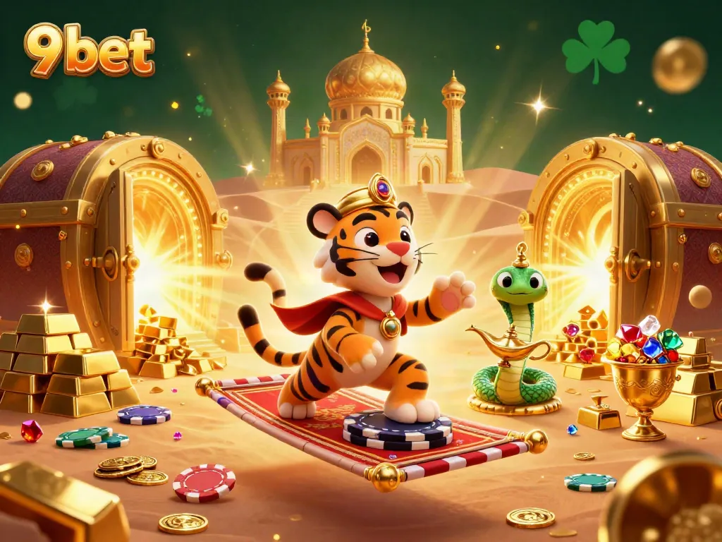 Place bets at 9 bet while surrounded by gold treasures and engaging casino elements in this vibrant illustration.