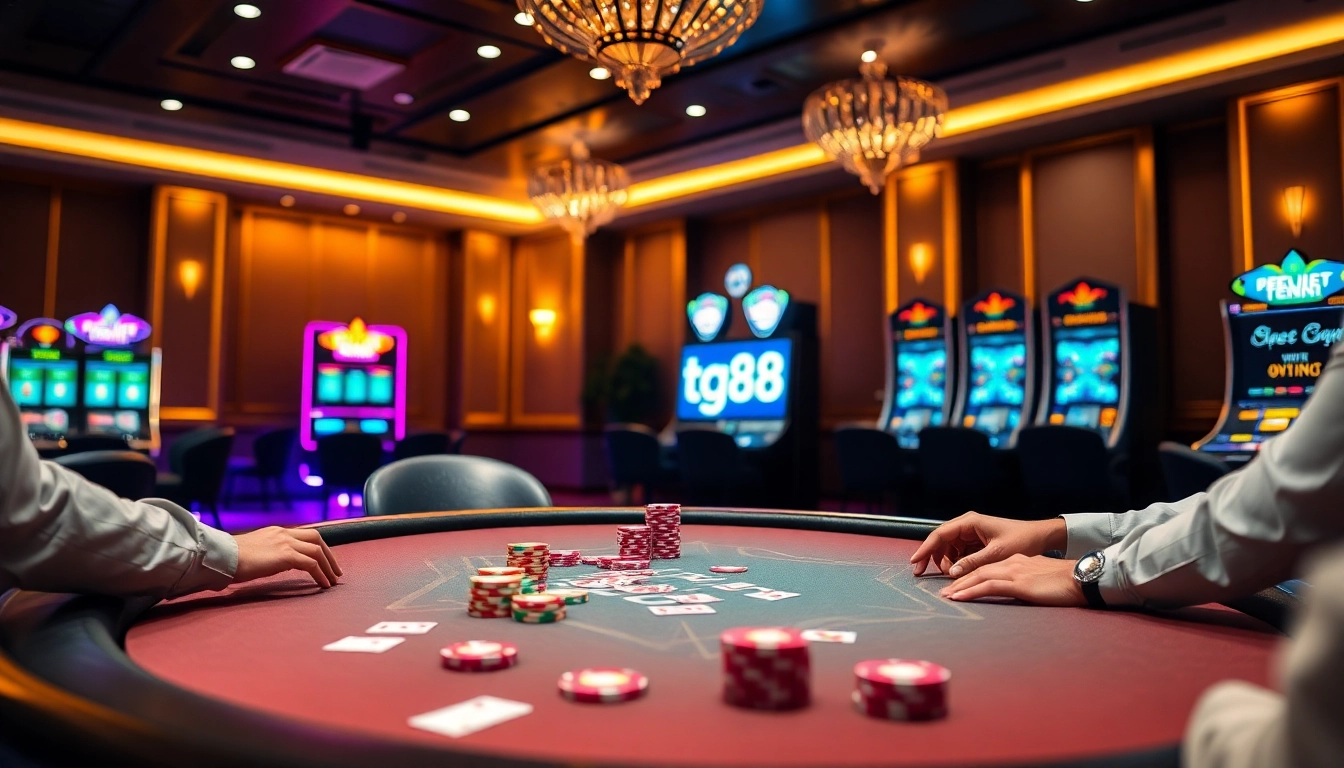 Players enjoying the excitement of online poker at tg88 casino, vibrant and high-stakes atmosphere.