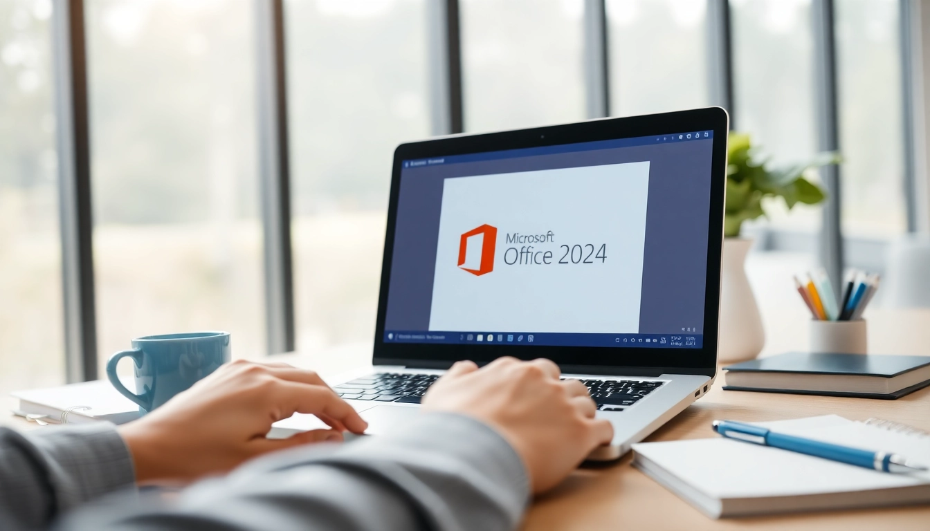 Office 2024 Professional Lizenz direkt downloaden auf einem Laptop in einem modernen Büroumfeld.