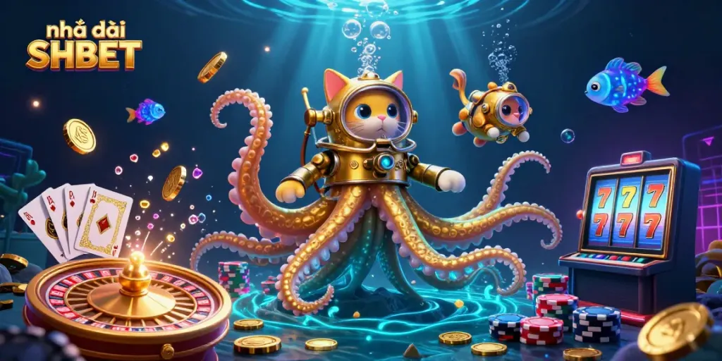 Experience the excitement of Nhà cái SHBET with a colossal kraken and a diving cat amid golden coins and gems.