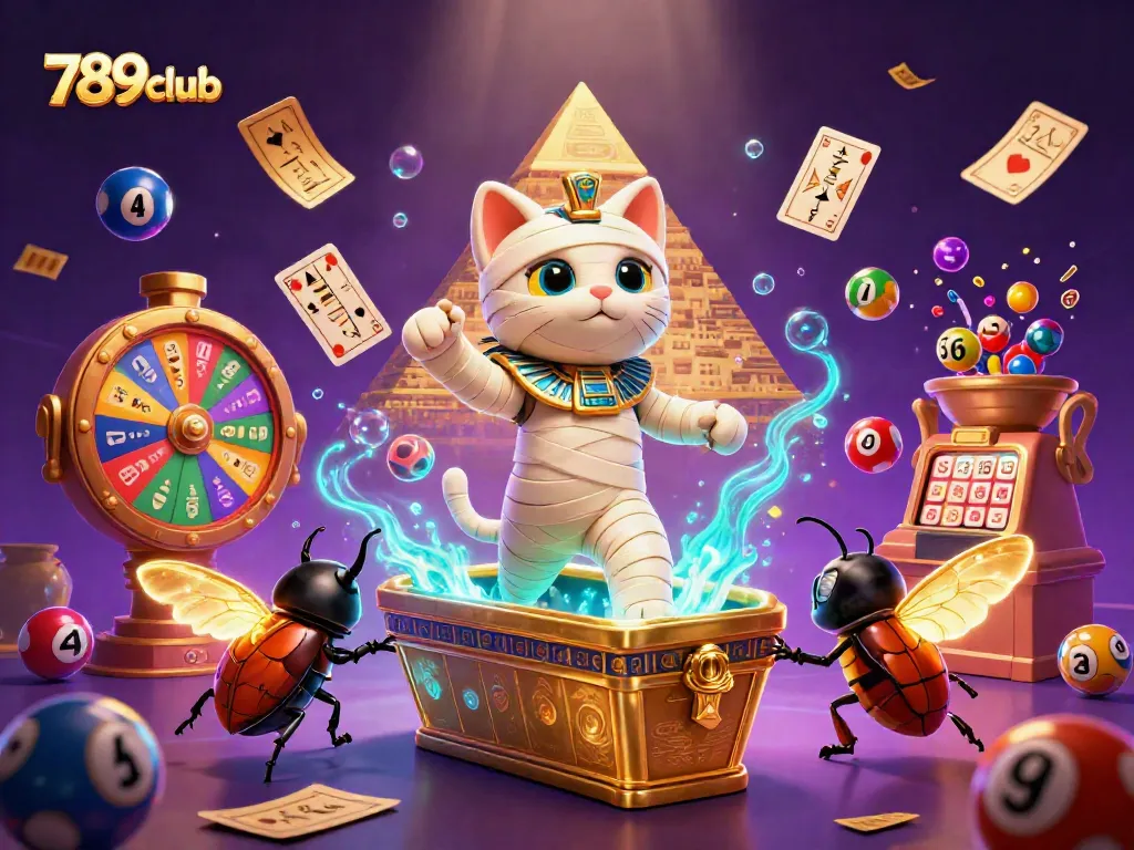 Engage with 789club's thrilling atmosphere featuring an Egyptian mummy cat, a scarab beetle, and dynamic lottery elements in a lavish casino.