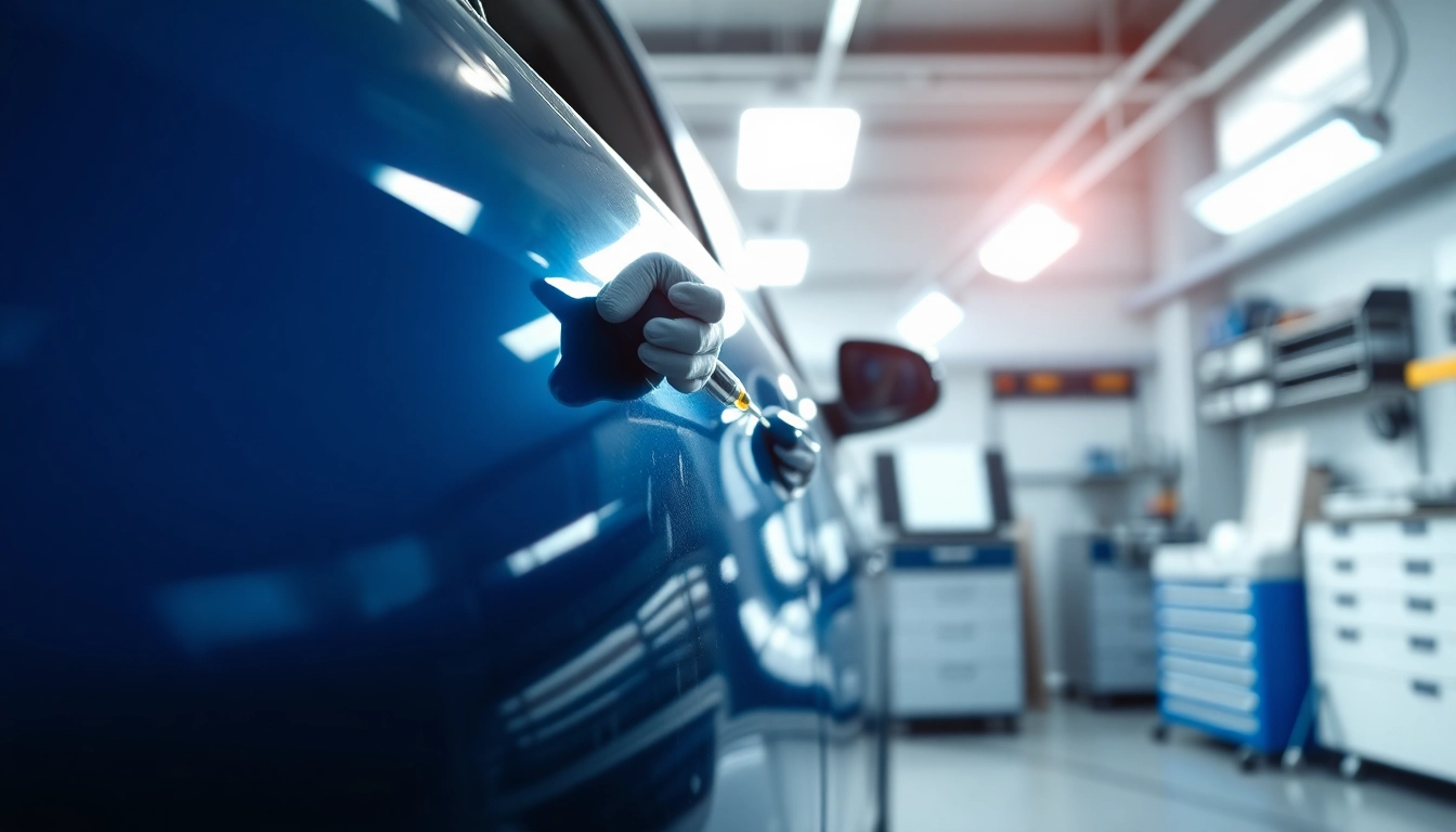 Smart Repair München Preis: Techniker repariert Kratzer an einem Fahrzeug in einer professionellen Werkstatt.
