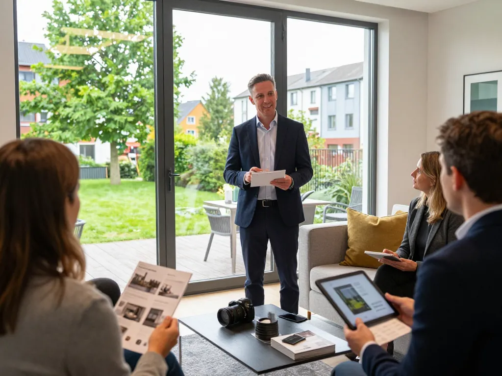 Immobilienmakler Frankfurt Ginnheim zeigt eine schöne Immobilie in einer charmanten Nachbarschaft und verbindet sich mit Kunden.