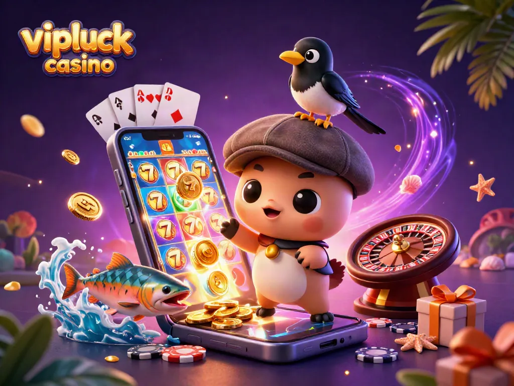 Engage with the exciting world of vipluck casino through a vibrant 3D illustration featuring playful characters and slot game elements.
