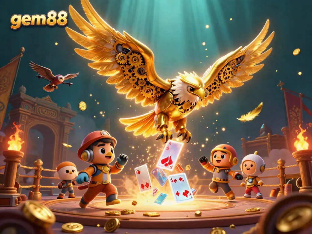 Experience thrilling gameplay at gem88 with a vibrant scene of a golden eagle soaring through playing cards and gold coins.