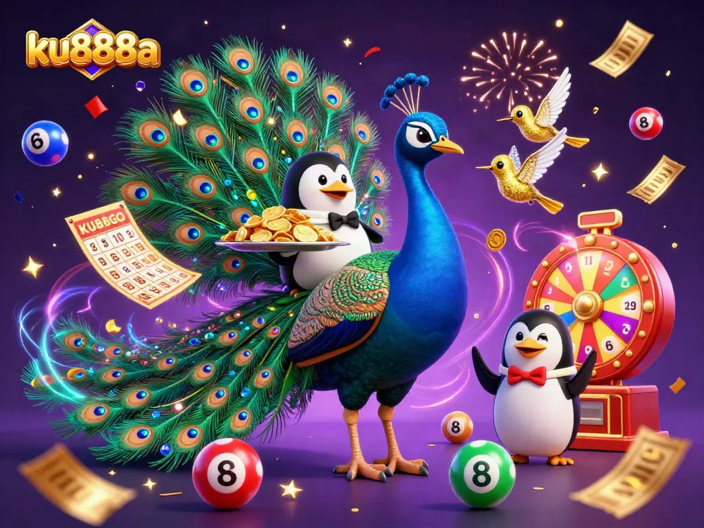 Experience thrilling wins at ku888a with a festive casino scene featuring playful characters and vibrant game elements.
