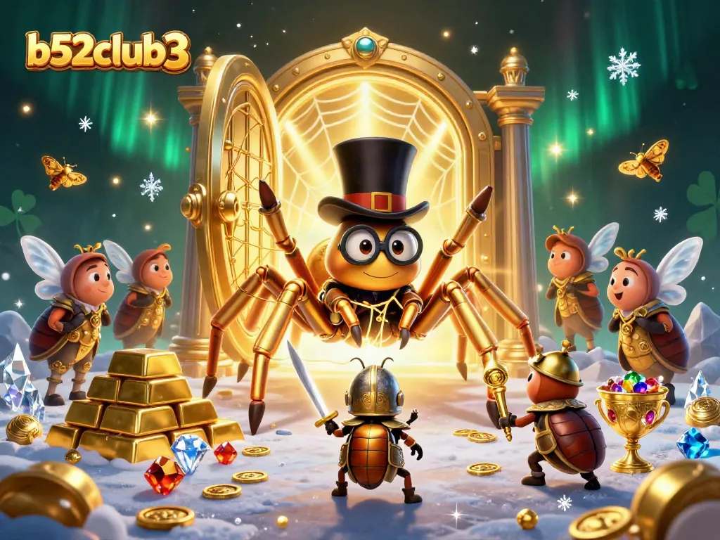 Engage with b52club3's vibrant gambling scene featuring a golden tarantula and beetle knight.