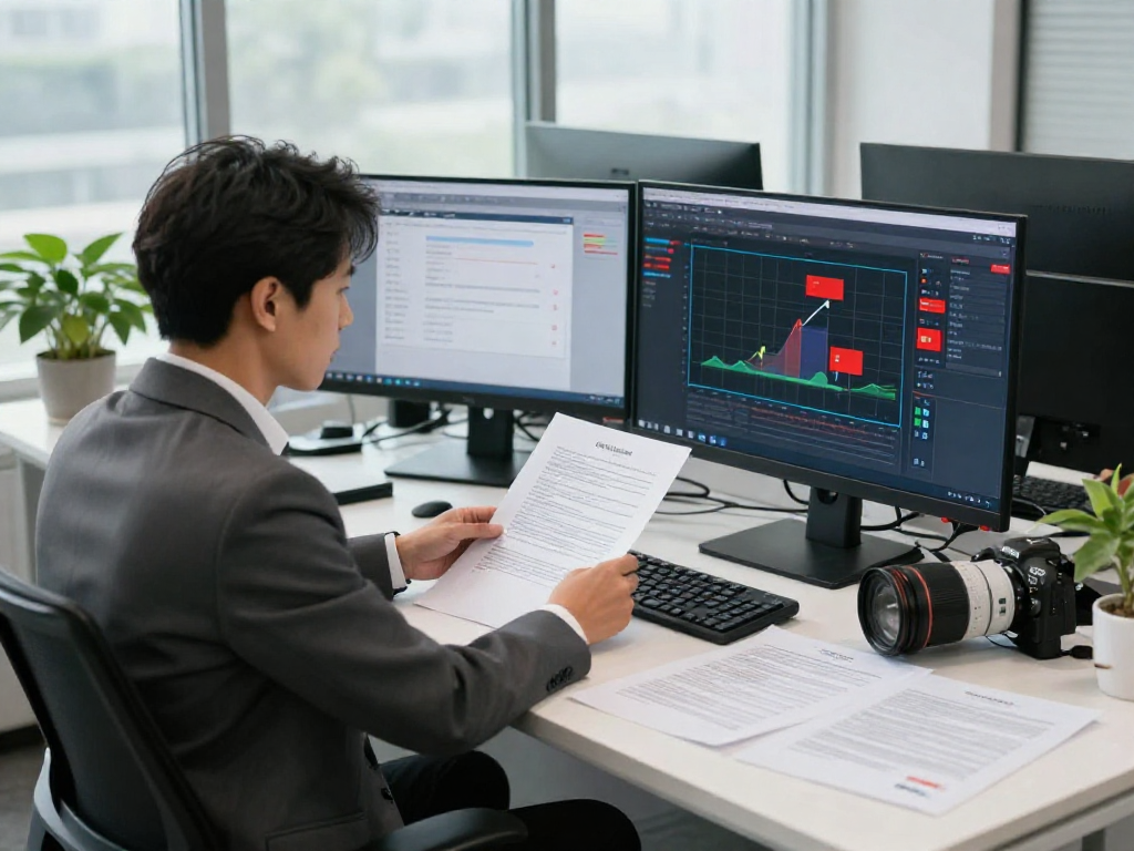 Compliance officer analyzing document fraud detection data in a high-tech office with multiple screens showing verification processes.