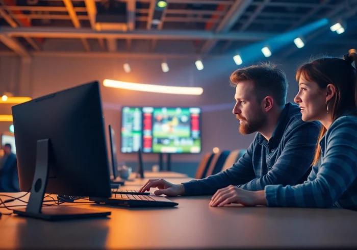 Wettanbieter ohne Oasis: Sportwetten mit begeisterten Nutzern am Computer, die ihre Wetten platzieren.
