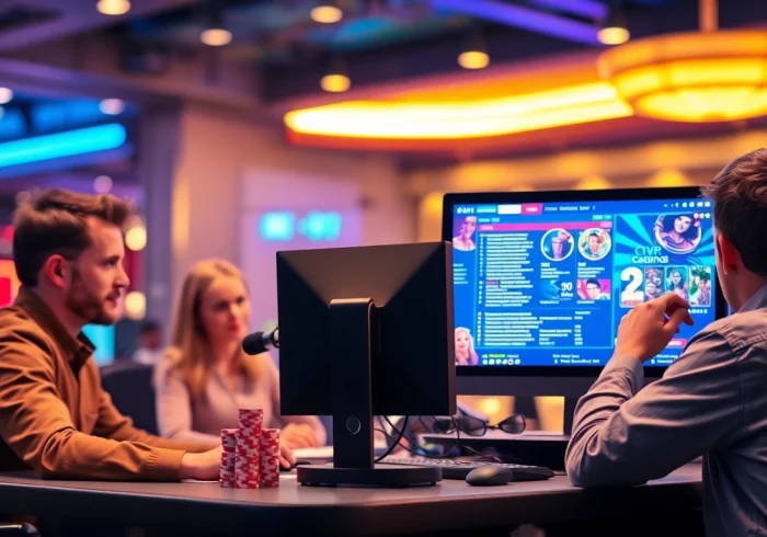 Erlebe den Casino Bonus ohne Einzahlung Deutschland in einem lebhaften Online-Casino mit Spielern und bunten Lichtern.