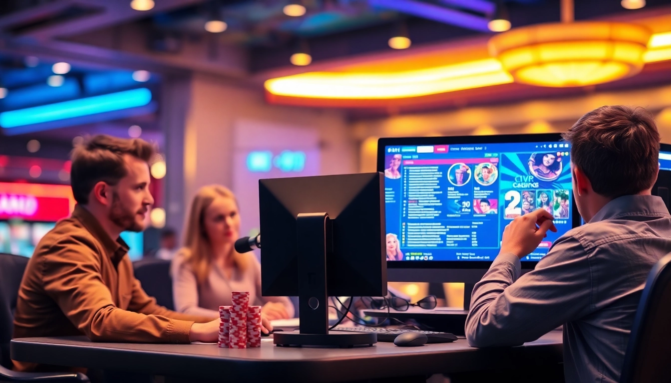 Erlebe den Casino Bonus ohne Einzahlung Deutschland in einem lebhaften Online-Casino mit Spielern und bunten Lichtern.