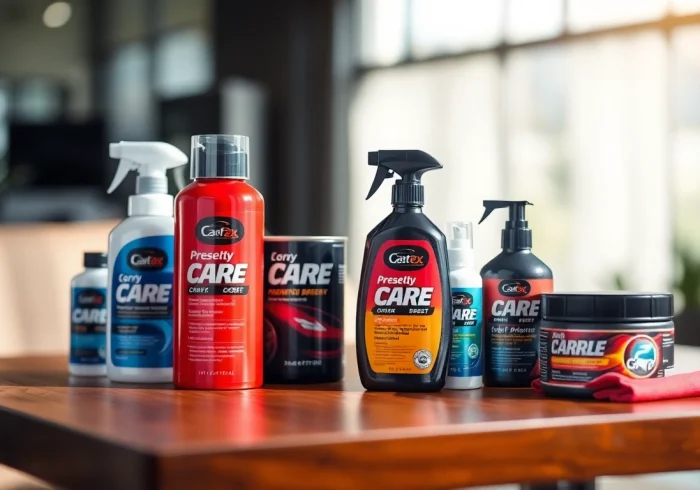 Entdecken Sie Premium Autopflege für Neuwagen mit hochwertigen Pflegeprodukten auf einem eleganten Tisch.