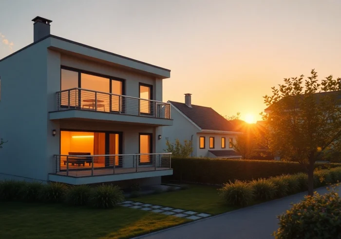 3D Visualisierung eines modernen Wohnhauses bei Sonnenuntergang, mit architektonischen Details und einladender Atmosphäre.