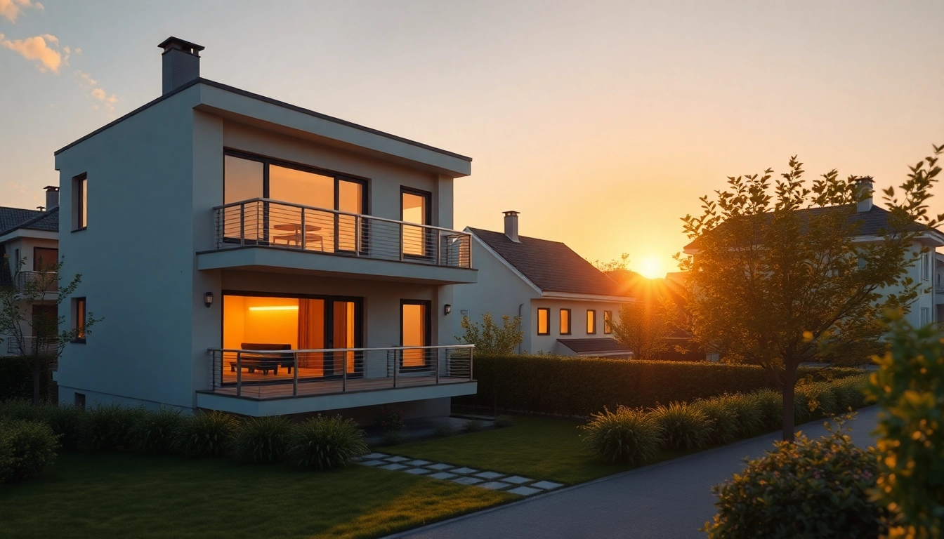 3D Visualisierung eines modernen Wohnhauses bei Sonnenuntergang, mit architektonischen Details und einladender Atmosphäre.