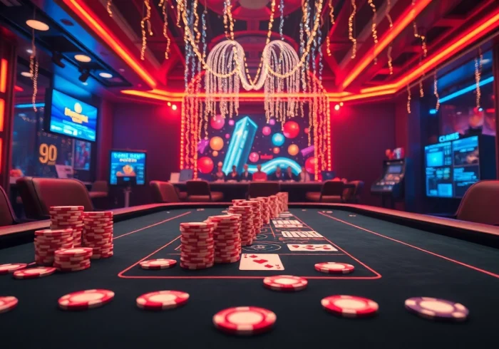 Erlebe Casinos online Deutschland mit bunten Chips und festlichem Ambiente am Tisch.