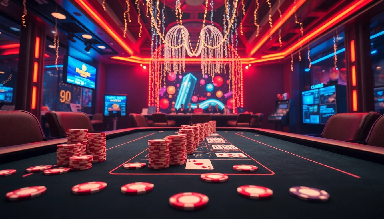 Erlebe Casinos online Deutschland mit bunten Chips und festlichem Ambiente am Tisch.