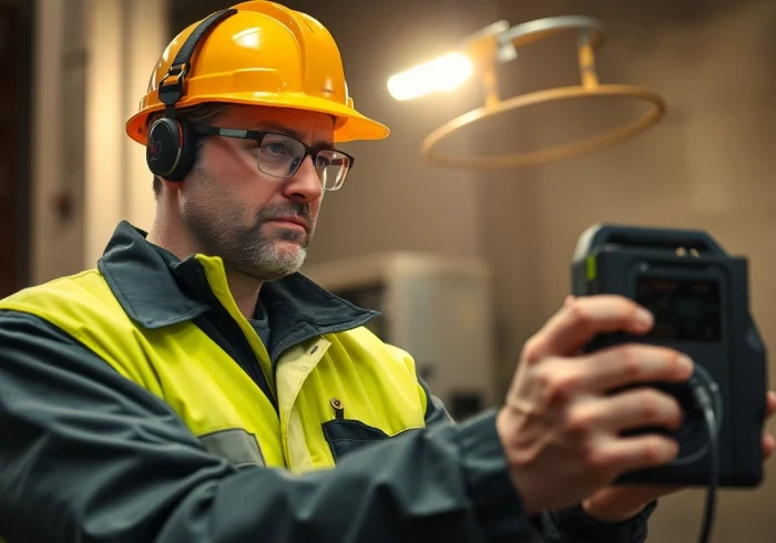 Techniker führt eine DGUV V3 Prüfung durch, um die Sicherheit elektrischer Geräte zu gewährleisten.
