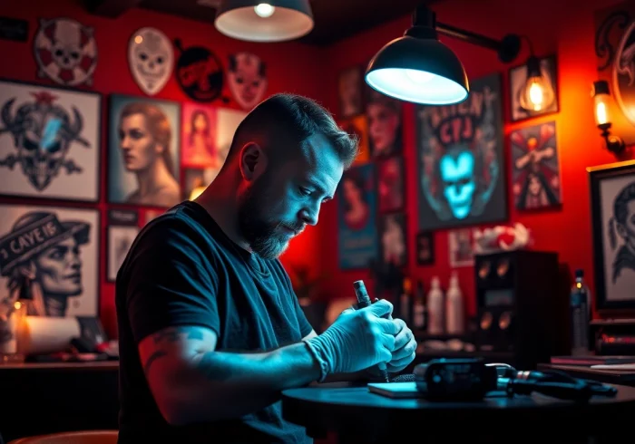 Tattoo Studio München showcasing an artist intricately tattooing a client with diverse ink designs.