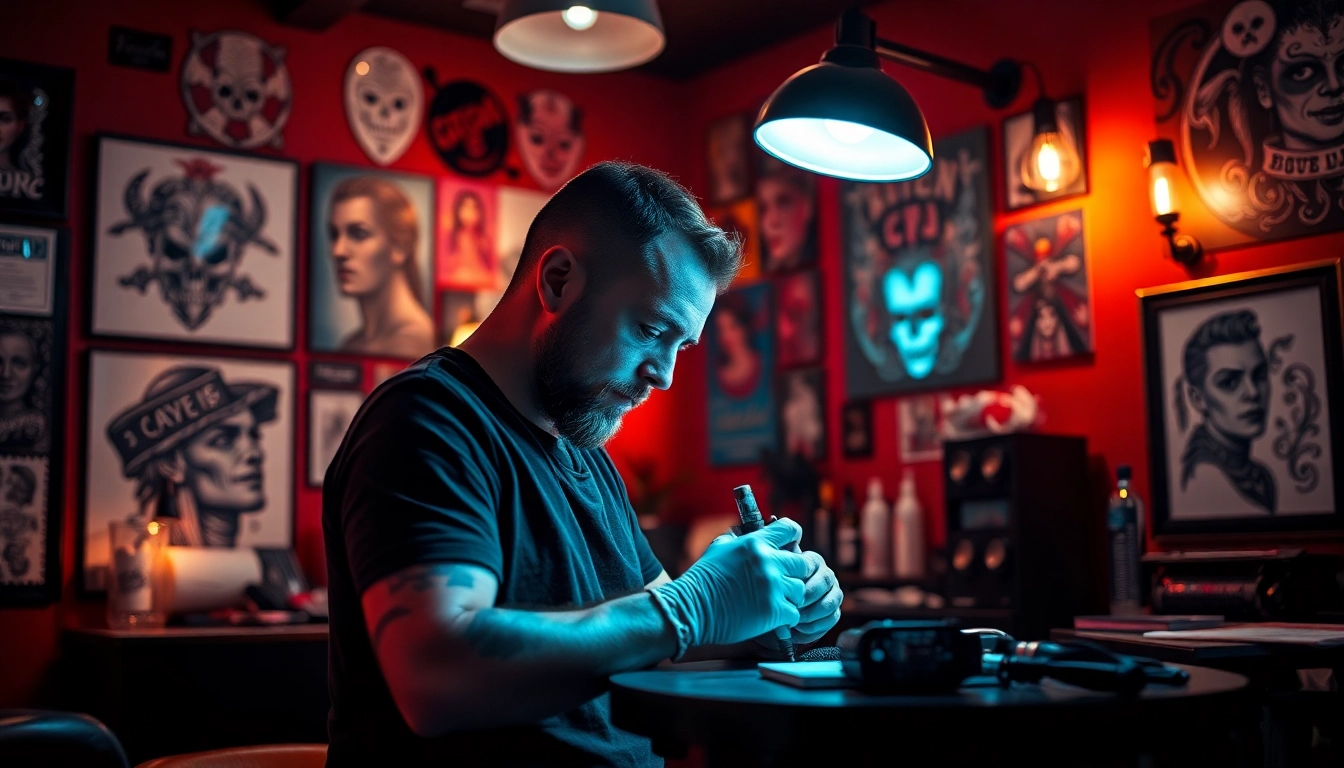 Tattoo Studio München showcasing an artist intricately tattooing a client with diverse ink designs.
