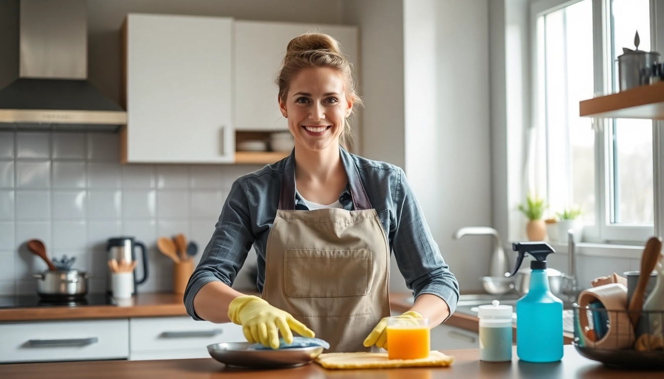 Haushaltskraft in Hameln beim Reinigen der Küche mit modernen Utensilien.