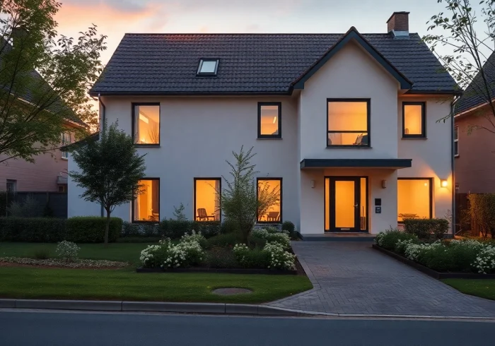 Ein modernes Haus in ruhiger Lage, ideal für den Hauskauf, umgeben von einem schönen Garten.