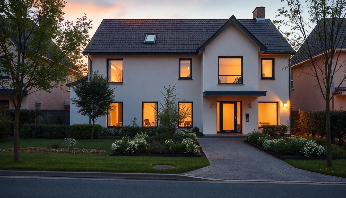 Ein modernes Haus in ruhiger Lage, ideal für den Hauskauf, umgeben von einem schönen Garten.