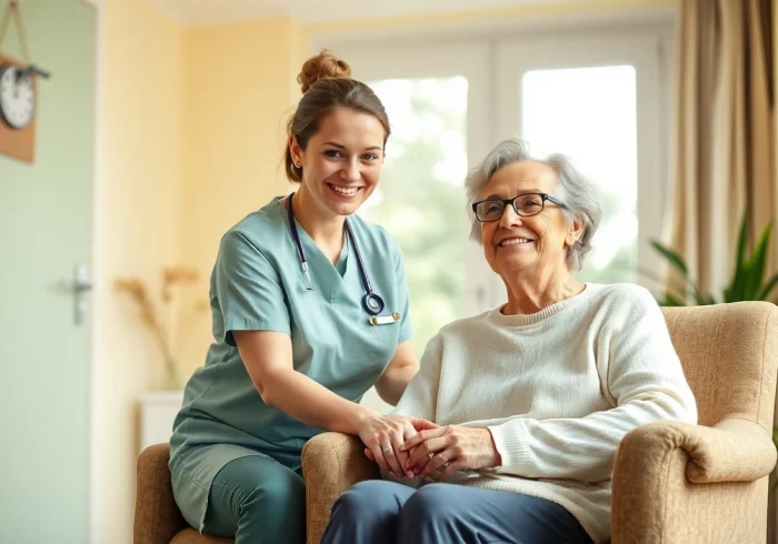 Pflegedienst unterstützt eine ältere Person bei der täglichen Pflege in einem einladenden Raum.