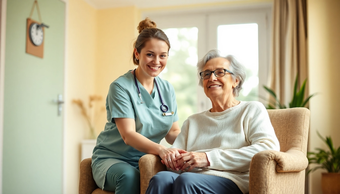 Pflegedienst unterstützt eine ältere Person bei der täglichen Pflege in einem einladenden Raum.