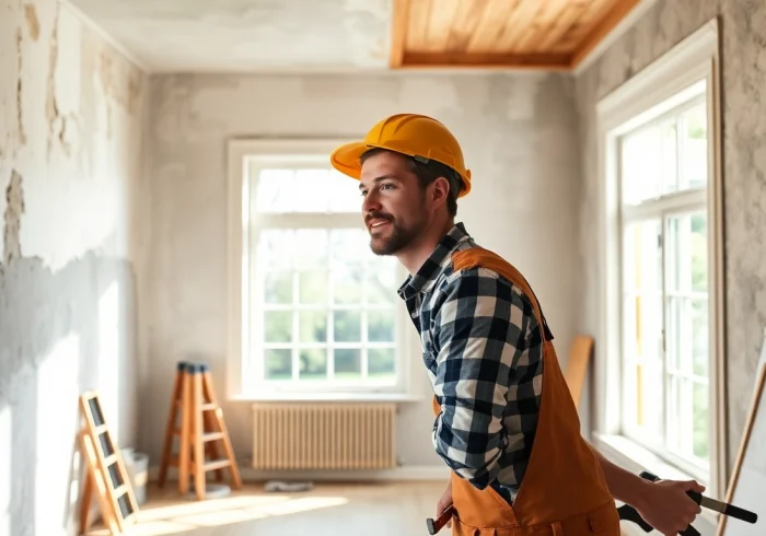 Hausrenovierung: Professioneller Handwerker zeigt Vorher-Nachher-Vergleich in einem modernen Raum.