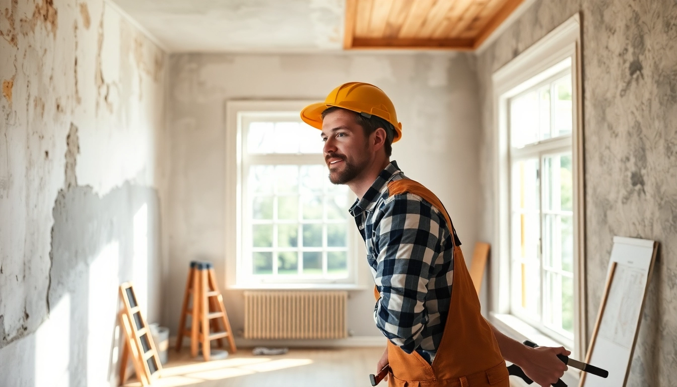 Hausrenovierung: Professioneller Handwerker zeigt Vorher-Nachher-Vergleich in einem modernen Raum.