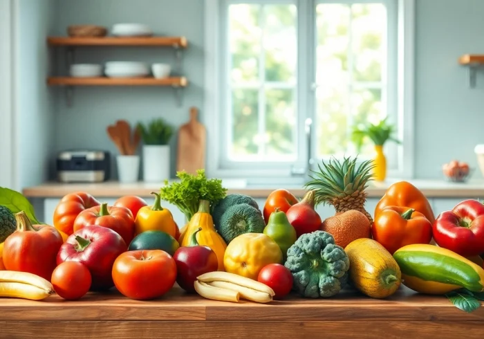 Schwingen Sie Ihre gesunde Einstellung zum Gewichtsverlust mit frischen Lebensmitteln in einer hellen und einladenden Küchenszene.