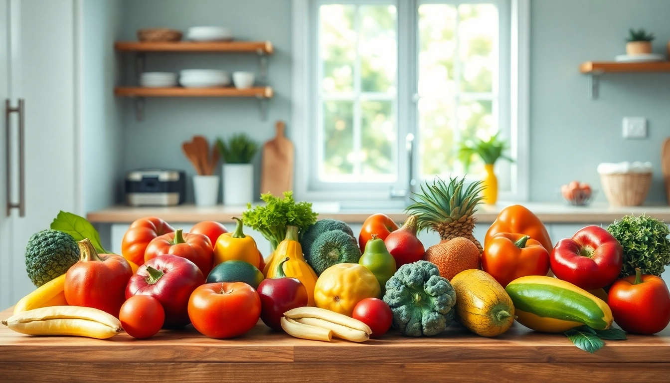 Schwingen Sie Ihre gesunde Einstellung zum Gewichtsverlust mit frischen Lebensmitteln in einer hellen und einladenden Küchenszene.