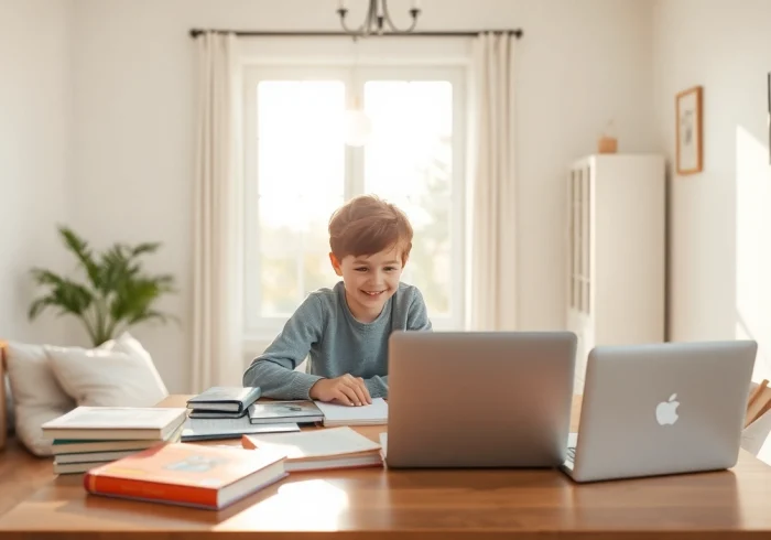 Heimunterricht in einer inspirierenden Lernumgebung, mit Eltern und Kind am Tisch, umgeben von Lernmaterialien.