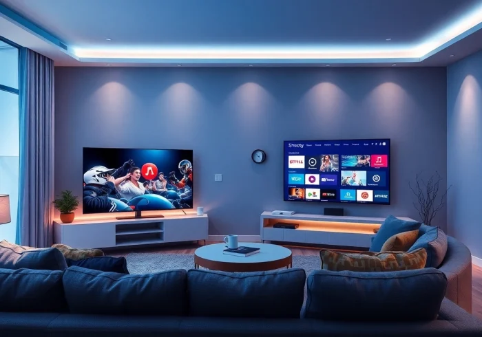 Kostenlose IPTV Smarters Player App auf einem modernen Fernseher, Streamen Sie hochwertige Inhalte auf iptv-smarters-player.net.