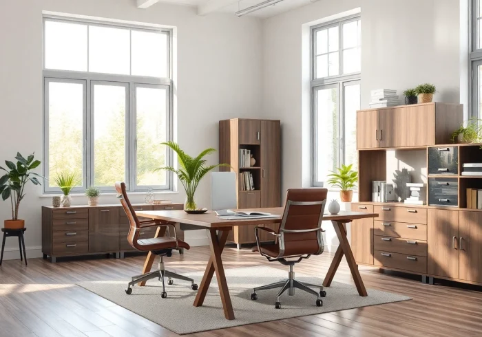 Büromöbel in einem modernen und ergonomischen Büro, das eine produktive Arbeitsatmosphäre vermittelt.