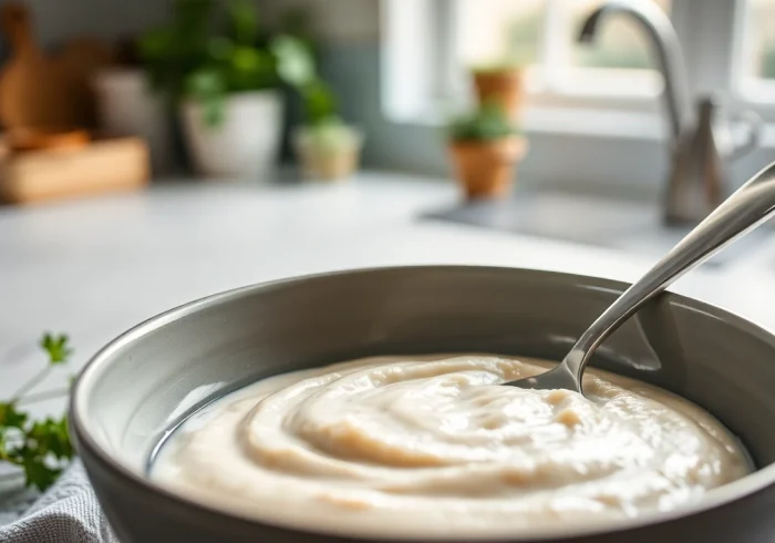 Mix delicious protein sahne with fresh herbs and a spoon, showcasing a creamy texture for healthy meals.