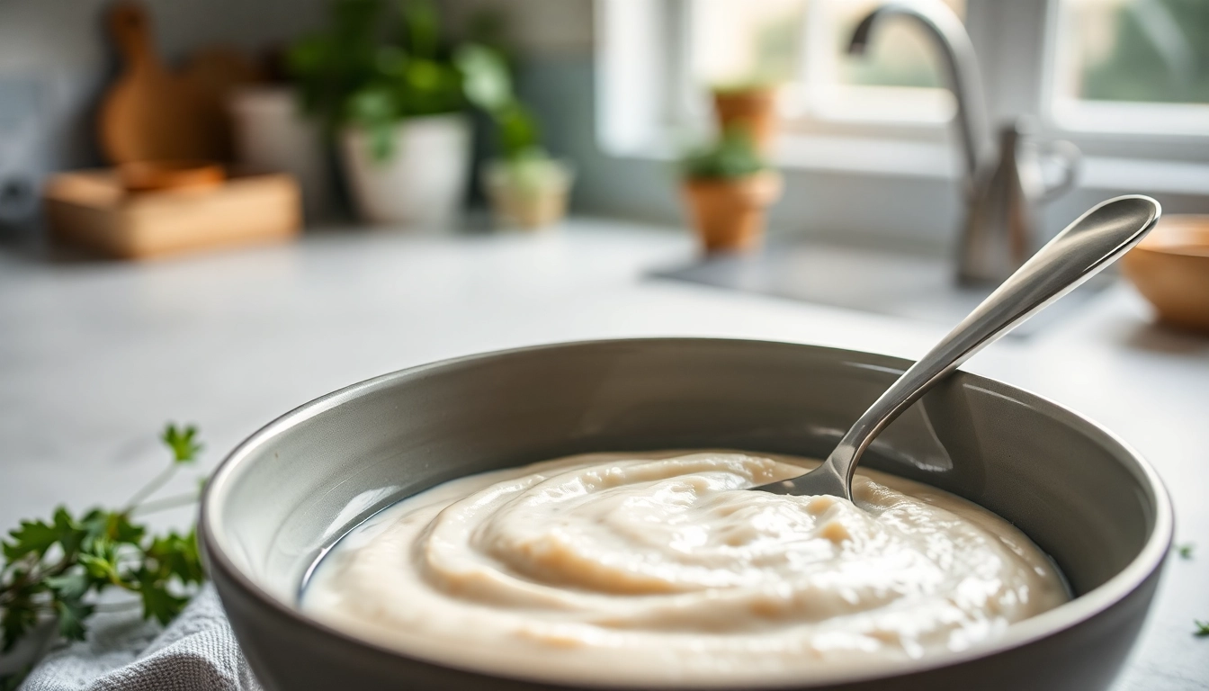 Mix delicious protein sahne with fresh herbs and a spoon, showcasing a creamy texture for healthy meals.