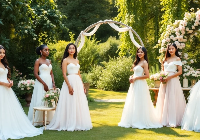 Stylish models in blissful engagement dresses for photoshoot in a sunlit garden.