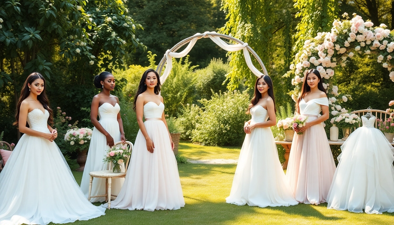 Stylish models in blissful engagement dresses for photoshoot in a sunlit garden.