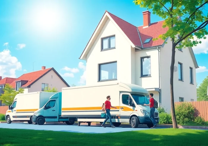 Privatumzug Potsdam: Umzugshelfer tragen Kisten vor einem Haus in Potsdam.