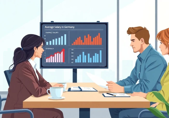 Explore discussions about the average salary in Germany with diverse professionals in a modern office.