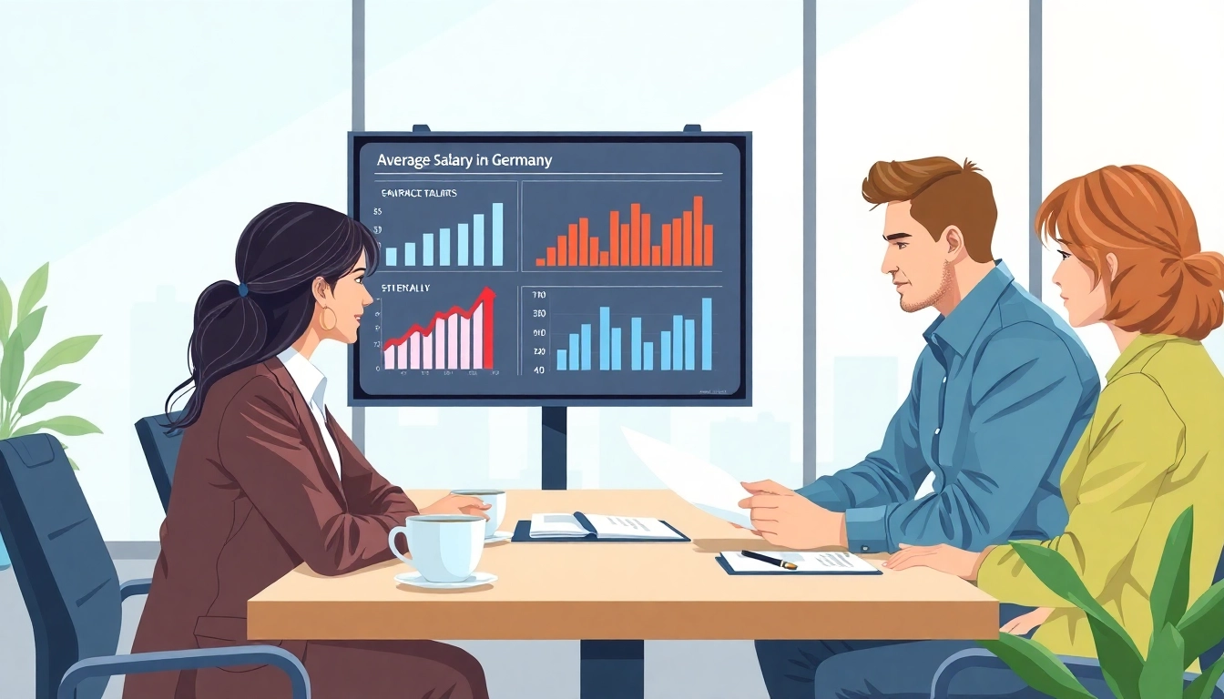 Explore discussions about the average salary in Germany with diverse professionals in a modern office.