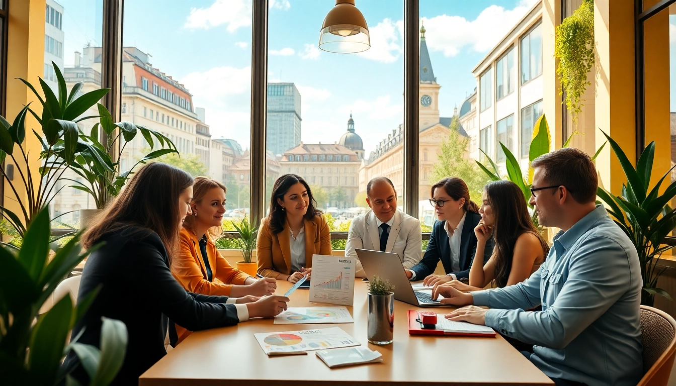 Professionals discussing average salary in Germany amidst a lively café setting.