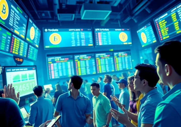 Engage in crypto sports betting with a vibrant, interactive sportsbook showcasing digital odds and bettors.