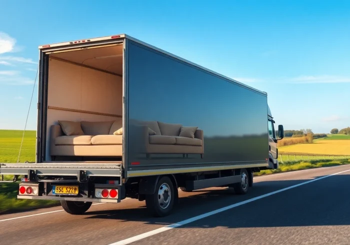 Möbeltransport München Berlin zeigt einen modernen Transporter mit Möbelstücken, umgeben von malerischer Landschaft.