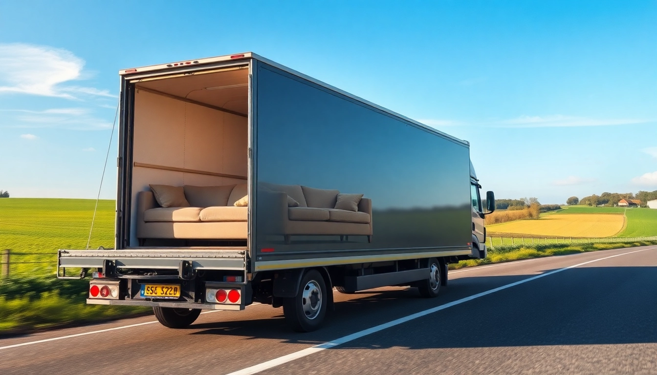 Möbeltransport München Berlin zeigt einen modernen Transporter mit Möbelstücken, umgeben von malerischer Landschaft.