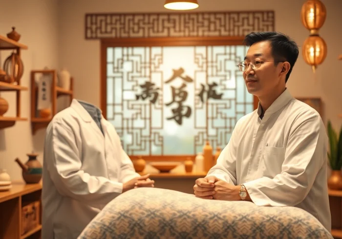 Heilender Raum der Traditionellen Chinesischen Medizin mit Akupunktur und Kräutern.