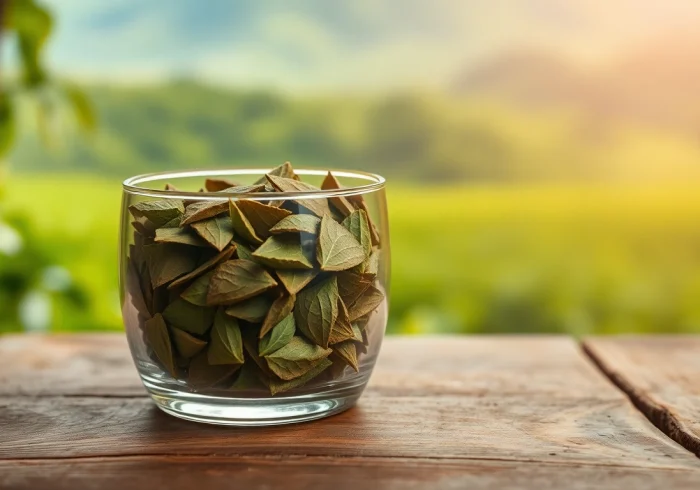 Erleben Sie die natürliche Qualität von Kratom-Pulver in einem stilvollen Glasbehälter, erhältlich bei https://www.kratombird.de, abgelegt auf einer rustikalen Holzoberfläche.