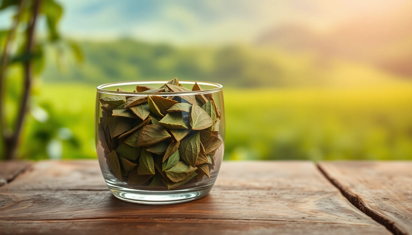 Erleben Sie die natürliche Qualität von Kratom-Pulver in einem stilvollen Glasbehälter, erhältlich bei https://www.kratombird.de, abgelegt auf einer rustikalen Holzoberfläche.